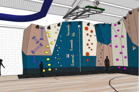 Rendering showing new climbing wall in community center gym