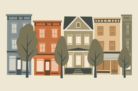 Graphic drawing of historic homes in a row